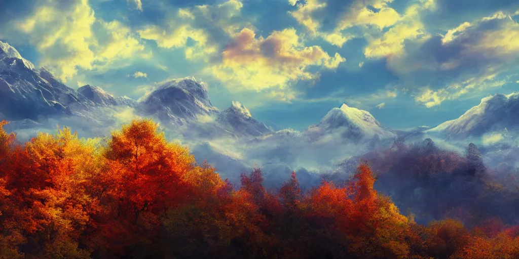 Image similar to peaceful clouds, mountain range, autumn, colorful leaves, epic, matte painting, concept art, 4k