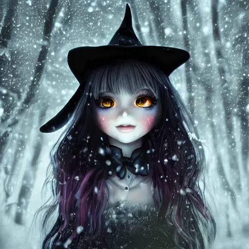 Image similar to focus face portrait of beautiful darkness witch 3D anime girl, dark forest background, snowing, snowflakes, bokeh, inspired by Tim Burton, digital painting, high contrast, unreal engine render, volumetric lighting, high détail