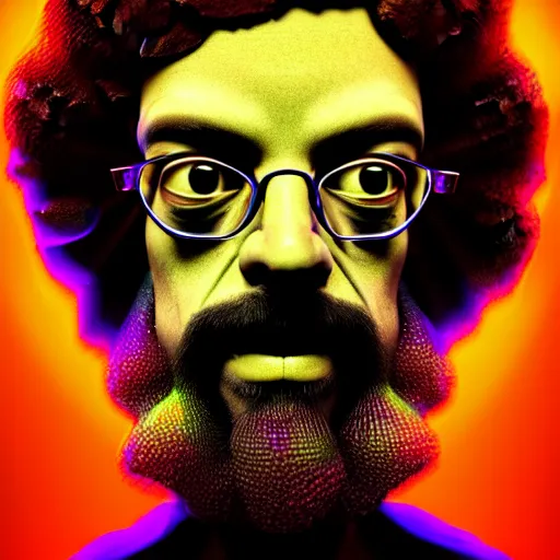 Prompt: terence McKenna full body with psychedelic mushrooms, psychedelic, fractal, Claymorphism, cinematic lighting, dramatic, octane render, full body, trending on artstation, perfect facial symmetry, glassmorphism, mystical, bokeh, 8k, intricate, hyper detailed