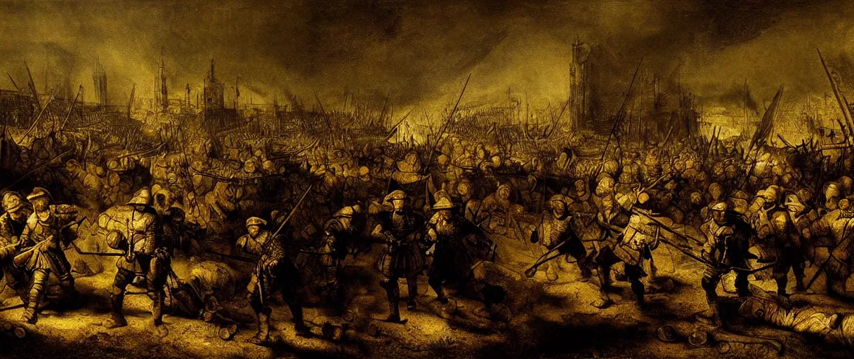 Prompt: a battlefield after a bloody fight of thousands in the middle ages, cold lighting, by Rembrandt