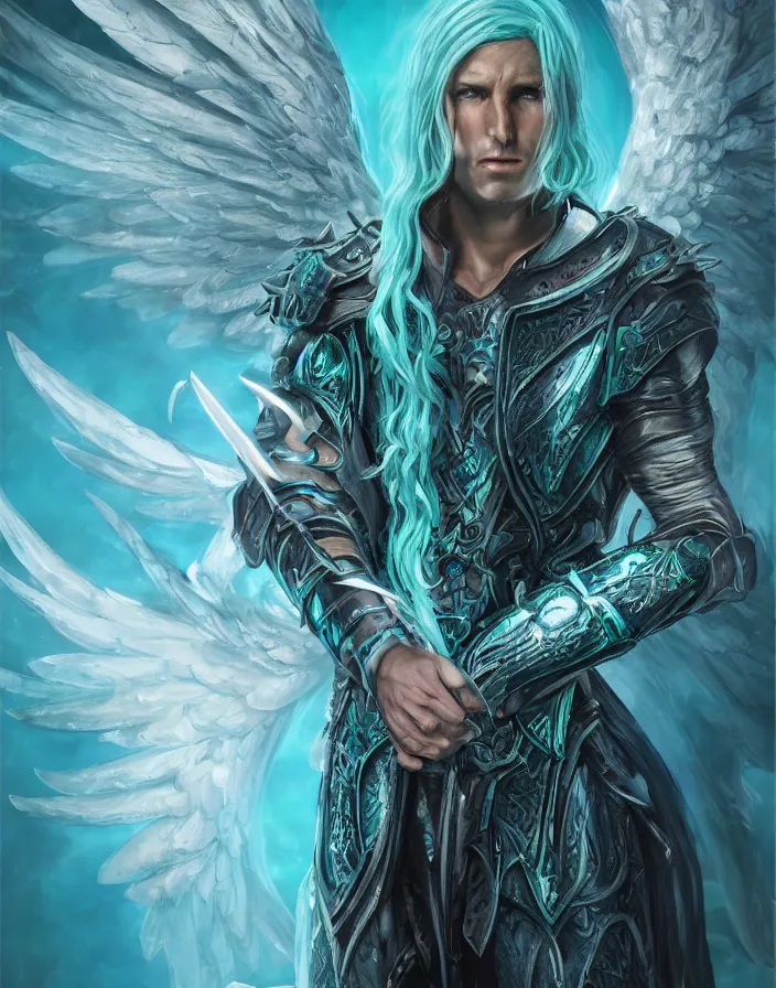 Prompt: An epic fantastic realism comic book style portrait painting of a male hexblade warlock aasimar, massive angel wings, teal energy, silver hair, middle aged, 8k, 4k, D&D Concept Art, unreal 5, DAZ, hyperrealistic, octane render, cosplay, RPG portrait, dynamic lighting