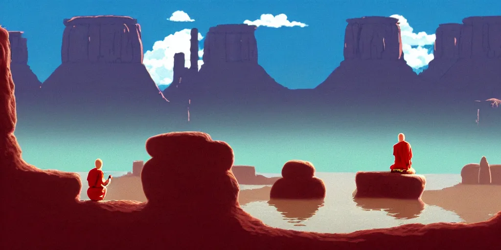 Prompt: a realistic cell - shaded studio ghibli concept art from paprika ( 2 0 0 6 ) of a monk meditating and a small mammoth from close encounters of the third kind ( 1 9 7 7 ) in a flooded monument valley stonehenge. very dull colors, wide shot, hd, 4 k, hq