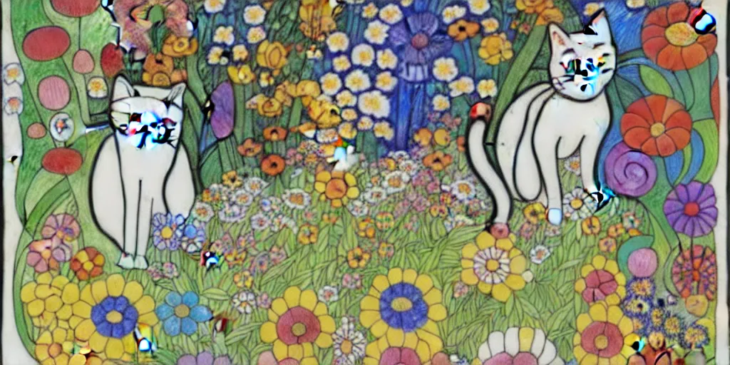 Image similar to cat playing in a garden of flowers, a mix media painting by laurel burch and Leonardo da Vinci and Natalia Goncharova, cluttered , child's drawing, art by Studio Ghibli, anime, thick black lineart