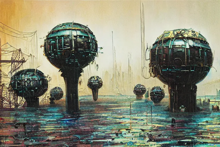 Prompt: river boats speeding between spherical tree houses on flooded streets of new york painting by h. r. giger and paul lehr