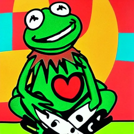 Prompt: kermit the frog in the style of romero britto