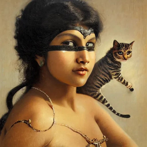 Image similar to detailed potrait 8 0 s srilankan girl with tatoos and cat woman mask in baroque painting, girl graceful,, painting by gaston bussiere, craig mullins, j. c. leyendecker, lights, art by ernst haeckel, john william godward, hammershøi,,