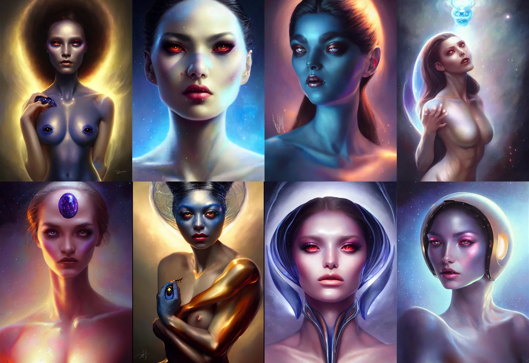 Image similar to a beautiful alien woman with sapphire skin, painted by artgerm and tom bagshaw, fantasy art, dramatic lighting, highly detailed oil painting