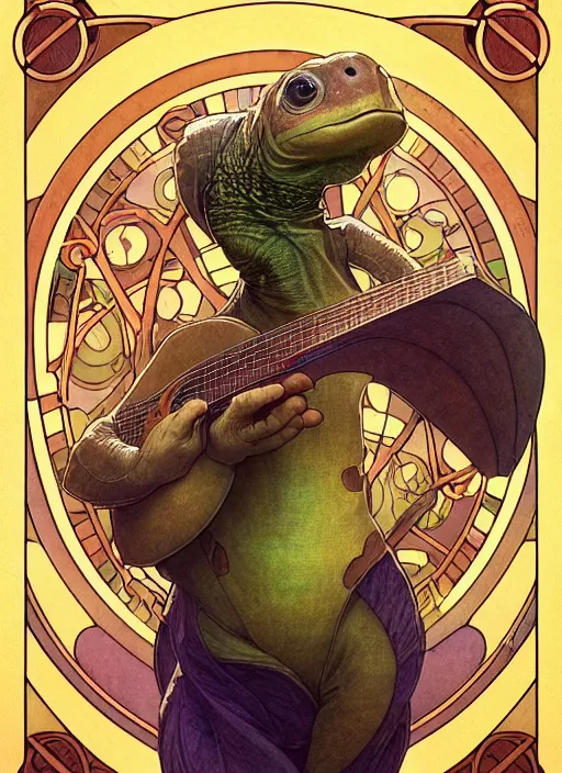 Prompt: portrait of anthropomorphic turtle singing in a music studio by artgerm greg rutkowski, mucha. art nouveau. gloomhaven, vibrant colors, sharp edges. ultra clear detailed. 8 k. elegant, intricate, octane render