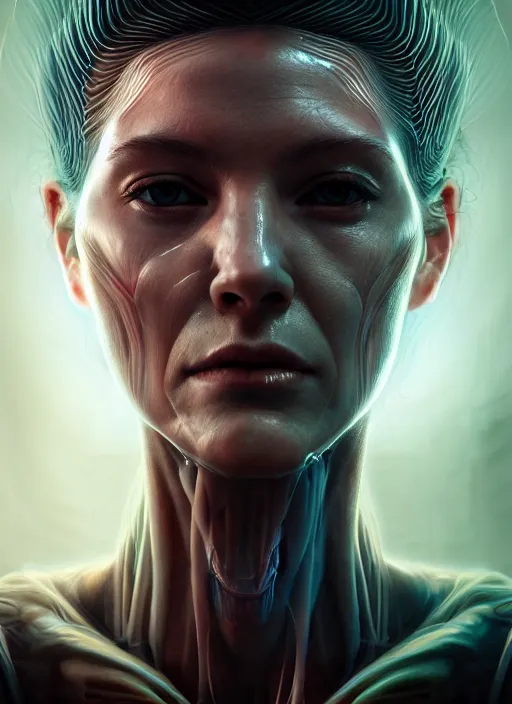 Image similar to 3 / 4 portrait, queen, crown, translucent skin, muscle, bones, veins, nerves, hyperrealism, detailed, photorealistic, cyberpunk apocalyptic city, futuristic, ultra realistic, cinematic, intricate, cinematic light, unreal engine 8 k, octane render, unreal engine by charlie bowater, david kostic, stanley lau, artgerm