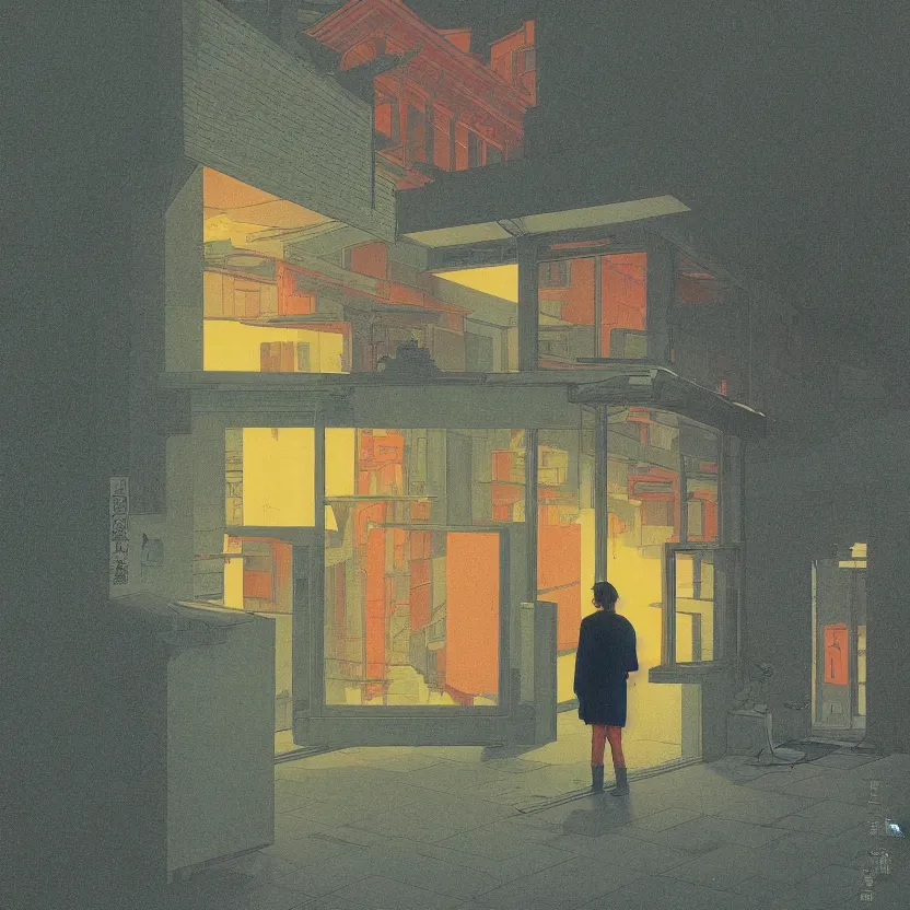 Image similar to lsd blotter by kawase hasui, moebius, Edward Hopper and James Gilleard, Zdzislaw Beksinski, Steven Outram, 8k, volumetric lighting, artstation