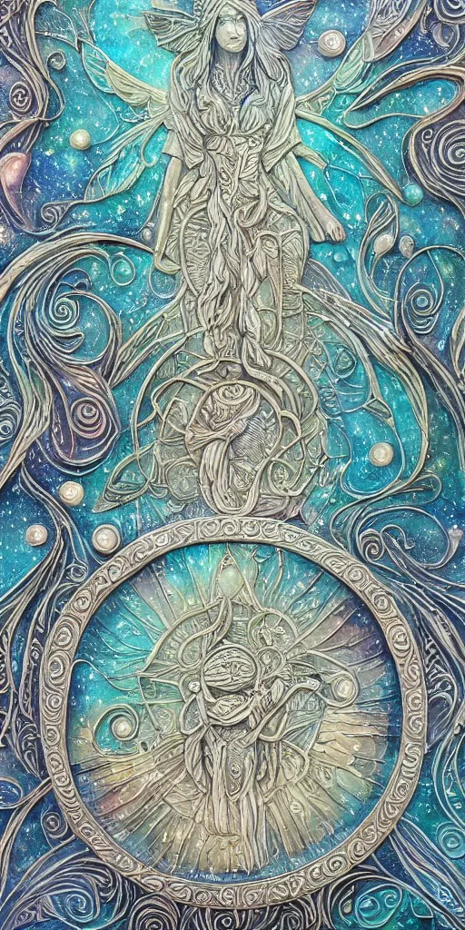 Image similar to intricate colourfully painted carved Soapstone relief paneling, pearl and pale blue toned, celestial, cosmos, galaxies, planets, divinity, moon goddess, mother earth, Earth Goddess mythology, Gaia, angels, dream atmosphere, Ghostly, crystaline celtic, insanly detailed , artstation, wallpaper, hyper realistic, realistic lighting