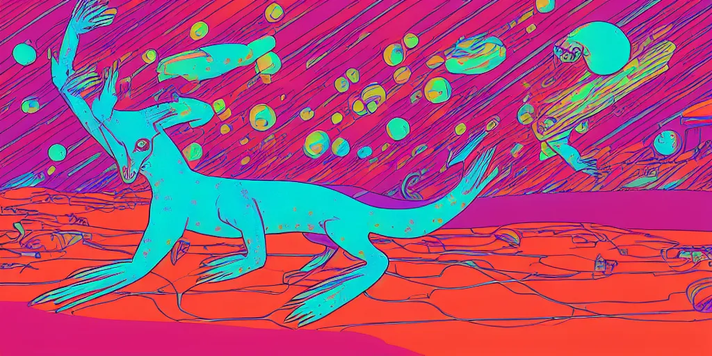 Prompt: risograph of electric cats that fly over ice, a lot of glass around, shrimps are all over the ground, psychedelic hallucinations, martian heat, by moebius, colorful flat surreal design, hd, 8 k, artstation