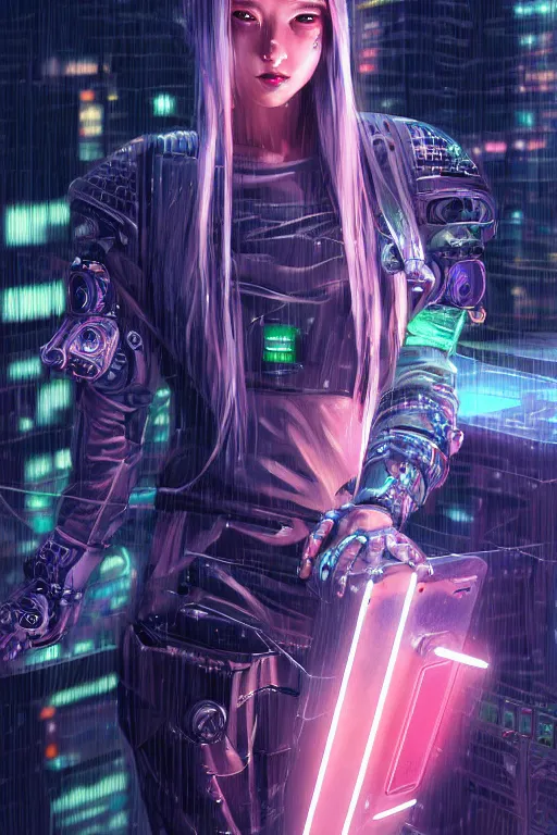 Image similar to portrait futuristic stunning cyberpunk young knights of Zodiac girl, in futuristic heavily raindrop tokyo rooftop cyberpunk night, ssci-fi, fantasy, intricate, very very beautiful, elegant, neon light, highly detailed, digital painting, concept art, human anatomy, soft light, hdri, smooth, sharp focus, illustration, art by tian zi and craig mullins and WLOP and alphonse mucha