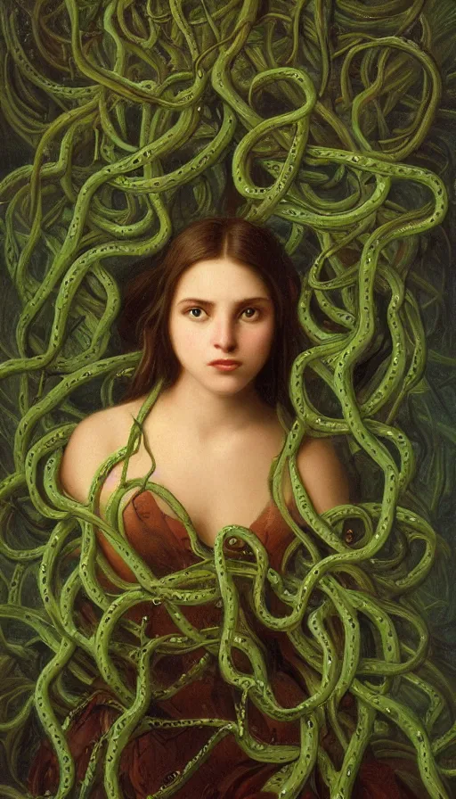 Image similar to very detailed portrait of a 2 0 years old girl surrounded by tentacles, the youg woman visage is blooming from fractal and vines, by albert bierstadt,