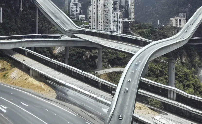 Image similar to valley of chrome, futuristic car driving on elevated highway