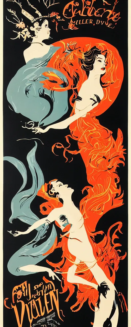 Prompt: a vintage movie poster titled Vulvine, representing a queen falling in love with death, romance, fantasy, oriental by Saul Bass