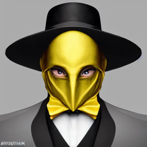 Image similar to a highly detailed portrait of a man in a high top hat covering his face, in a black tailcoat with a yellow waistcoat under the tailcoat, artstation, deviantart, professional, unreal engine 5, photorealistic