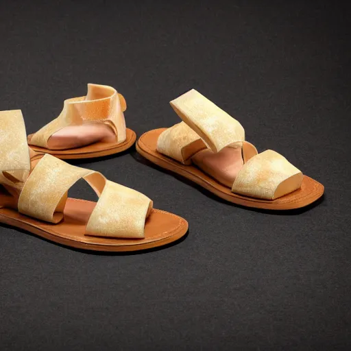 Image similar to high quality photo of sandals made of swiss cheese, realism, 8k, award winning photo