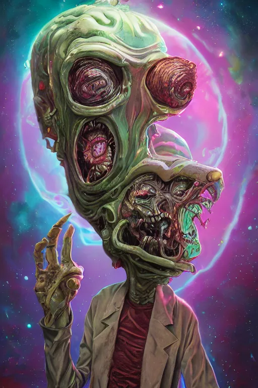 Image similar to rick and morty fused with a lovecraft space astronaut zombie, photo, portrait, 3d, high details, intricate details, by vincent di fate, artgerm julie bell beeple, 90s, Smooth gradients, octane render, 8k, volumetric lightning, High contrast, duo tone, depth of field, very coherent symmetrical artwork