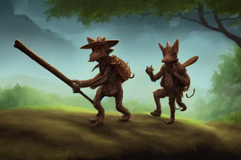 Image similar to a lone kobold carrying a bindle stick, traveling long dirt road, d & d, fantasy setting, 4 k, digital art