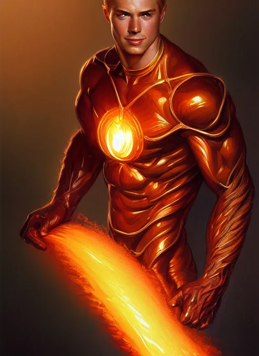 Image similar to Portrait of The Human Torch, D&D, muscular, fantasy, intricate, elegant, highly detailed, digital painting, artstation, concept art, smooth, sharp focus, illustration, art by artgerm and greg rutkowski and alphonse mucha