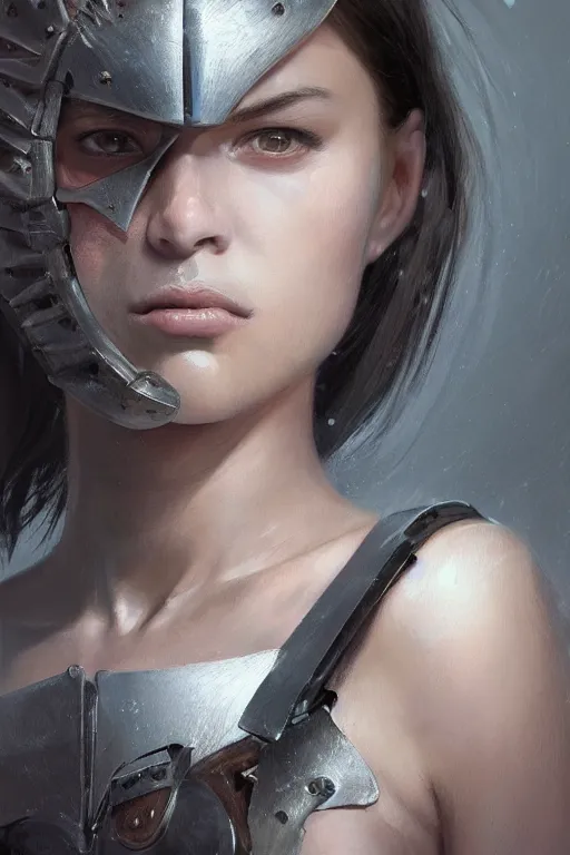 Image similar to a photorealistic painting of an attractive young girl, partially clothed in battle armor, olive skin, long dark hair, beautiful bone structure, symmetrical facial features, intricate, elegant, digital painting, concept art, illustration, sharp focus, minimal artifacts, from Metal Gear, in the style of Ruan Jia and Mandy Jurgens and Greg Rutkowski, trending on Artstation, award winning