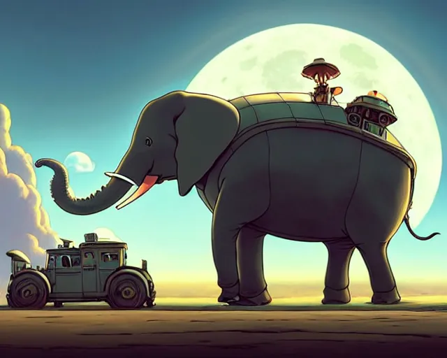 Prompt: a cell shaded cartoon giant grey lovecraftian mechanized elephant from howl's moving castle ( 2 0 0 4 ), with a big head, on a desert road, wide shot, in front of a big moon, muted colors, post grunge, josan gonzales, wlop, by james jean, victor ngai, hq, deviantart, art by artgem