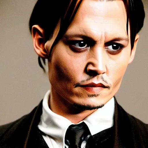 Image similar to Film Still of a Young Adult Johnny Depp playing Adult Tom Riddle in Harry Potter, Film Still, realistic, hyperrealistic, very realistic, very very realistic, highly detailed, very detailed, extremely detailed, detailed, detailed face, very detailed face, very detailed face, realism, HD Quality, 8k resolution, intricate details, body and head in frame, Real Life