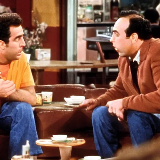 Image similar to Seinfeld and George invite Ross and Rachel at the coffee but they argue over the bill