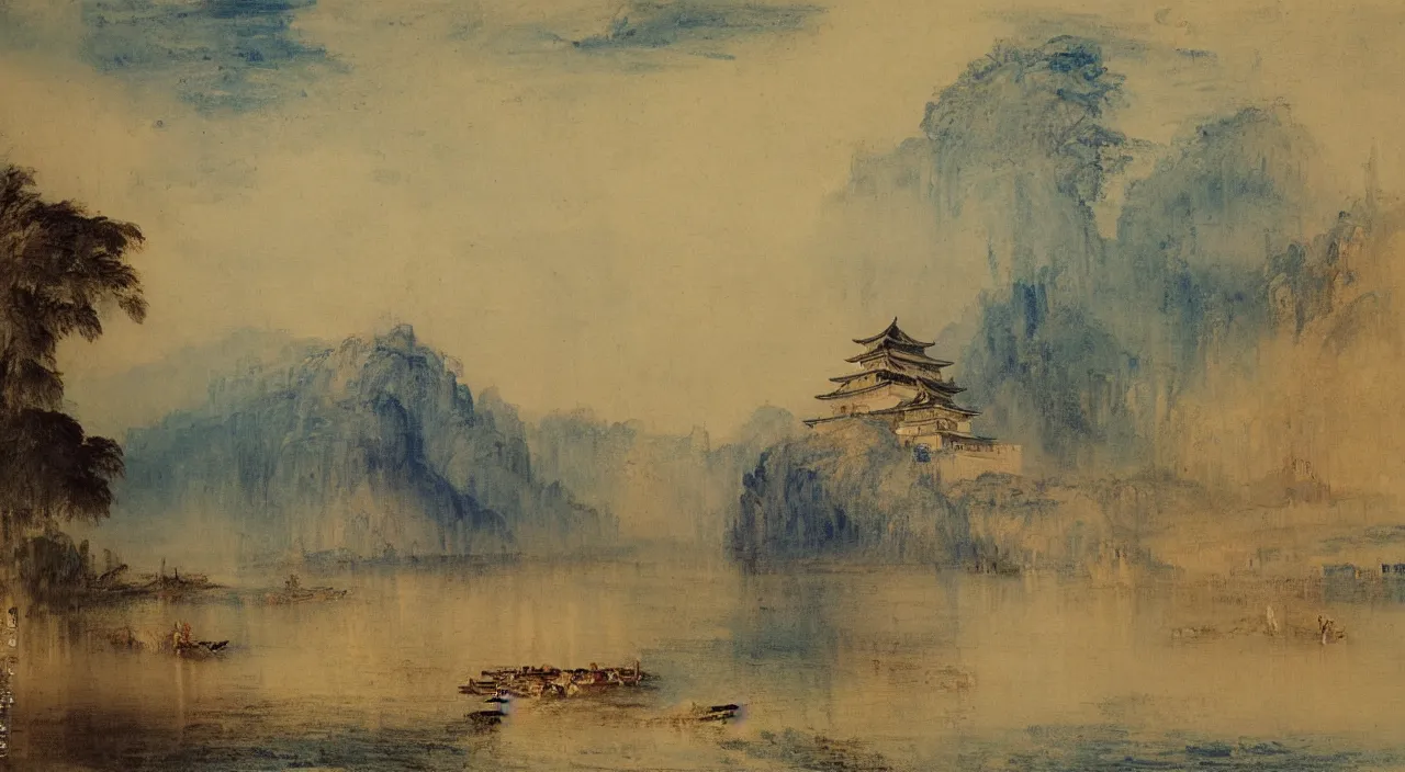 Prompt: a painting of a Japanese castle, by J. M. W. Turner