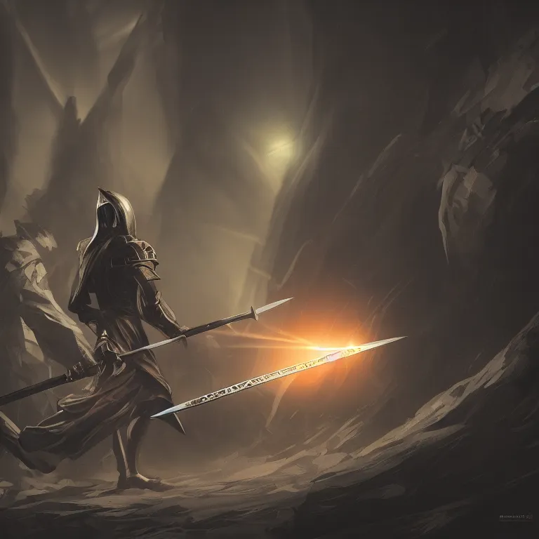 Image similar to The Sword Excalibur in the ground, dramatic lighting, highly stylized, trending on artstation, high-quality wallpaper, desktopography