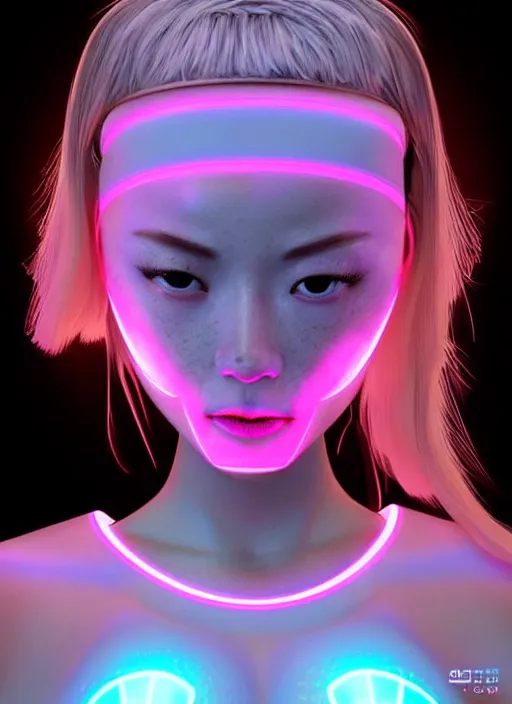 female japan humanoid with freckled cheeks, cyber neon | Stable ...