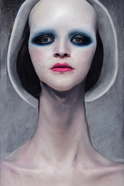 Image similar to hyperrealism oil painting, close - up portrait of albino medieval fashion model, black silk, steel gradient mixed with nebula sky, in style of baroque