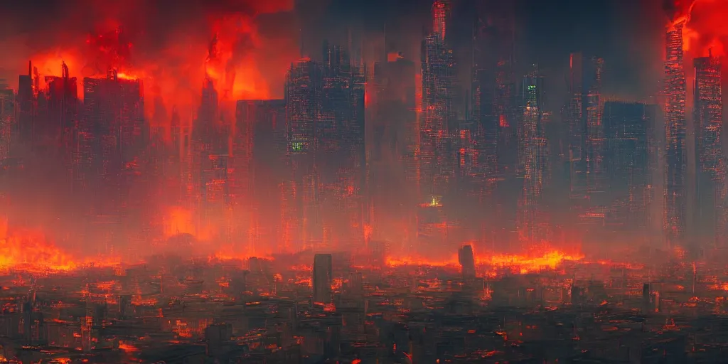 Image similar to cyberpunk moscow, burning houses, demons, evacuation of the city, red horizon, fire on the background