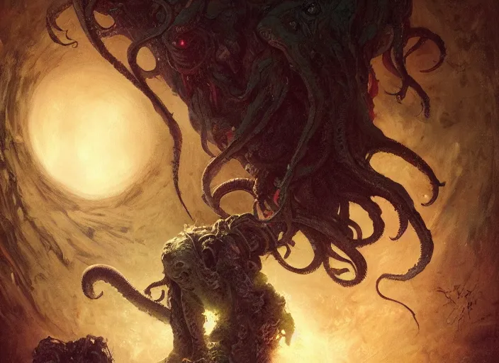 Image similar to my bed giant cthulhu children afraid in the dark moon light by gaston bussiere, anna nikonova aka newmilky, yoji shinkawa, yoshitaka amano, tsutomu niehi, donato giancola, geoffroy thoorens, trending on artstation, featured on pixiv, cinematic composition, 8 k