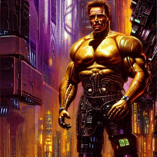 Prompt: schwarzenegger as cyberpunk xenohunter, atmospheric lighting, painted, intricate, golden and purple hour, ultra detailed by peter gric, giger, enki bilal