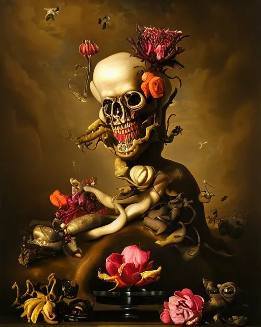 Image similar to refined gorgeous blended oil painting with black background by christian rex van minnen rachel ruysch dali todd schorr of a chiaroscuro portrait of an extremely bizarre disturbing mutated man made of still life flowers and rubber insects with shiny skin acne dutch golden age vanitas intense chiaroscuro cast shadows obscuring features dramatic lighting perfect symmetry perfect composition masterpiece