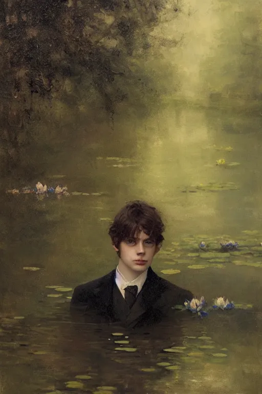 Image similar to detailed cinematic moody colors studio portrait of a young victorian gentleman in a beautiful victorian water pond, water lilies, high quality by jeremy mann, only one head single portrait