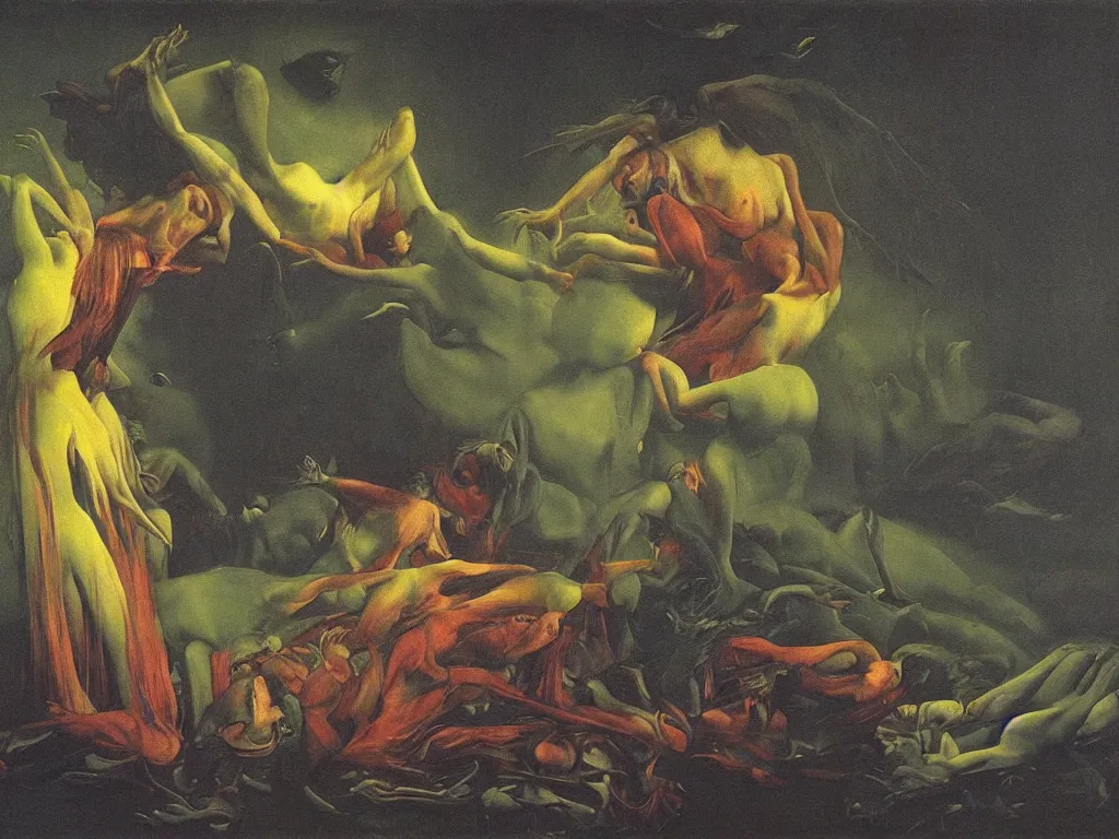 Prompt: Embrace of the cannibal. Aurora borealis. Painting by Caravaggio, Henri Rousseau, Beksinski, Agnes Pelton, Roger Ballen