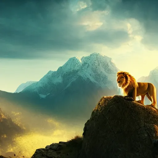 Image similar to a beautiful photo of lion roar on mountain, hyper realistic, natural light, concept art, cozy, atmospheric and cinematic lighting