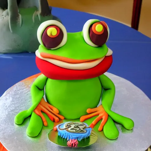 Image similar to a frog with a birthday cake, in the style of a cartoon