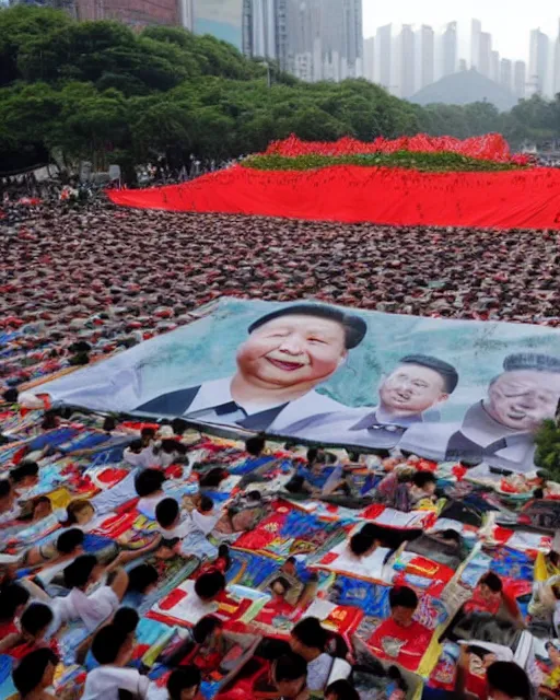Prompt: tangping lying flat protest movement in china in front of a giant portrait of xi jinping