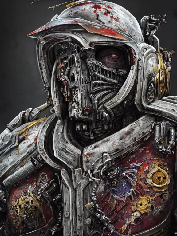 Image similar to portrait art of 8k ultra realistic undead vampire space marine , intricate high tech helmet , detailed intricate ornate space suit,decaying, cybernetic, full of colour, cinematic lighting, battered, trending on artstation, 4k, hyperrealistic, focused, extreme details,unreal engine 5, cinematic, masterpiece, art by ayami kojima, giger