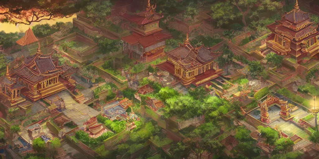 Image similar to vietnamese temple scene, 2 d game art background, sharp, detailed, intricate, game level design, cinematic lighting, trending on artstation, in style of vinodh sivaraja and lam manh