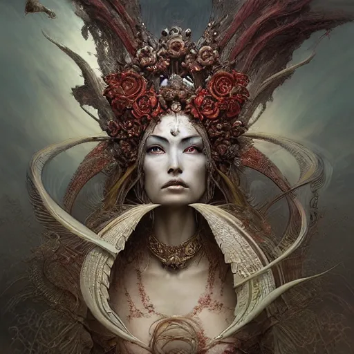 Image similar to a beautiful detailed 3d matte painting of female empress of the dead, by ellen jewett, tomasz alen kopera and Justin Gerard, symmetrical features, ominous, magical realism, texture, intricate, ornate, royally decorated, skull, skeleton, whirling smoke, embers, red adornements, red torn fabric, radiant colors, fantasy, trending on artstation, volumetric lighting, micro details, 3d sculpture, ray tracing, 8k