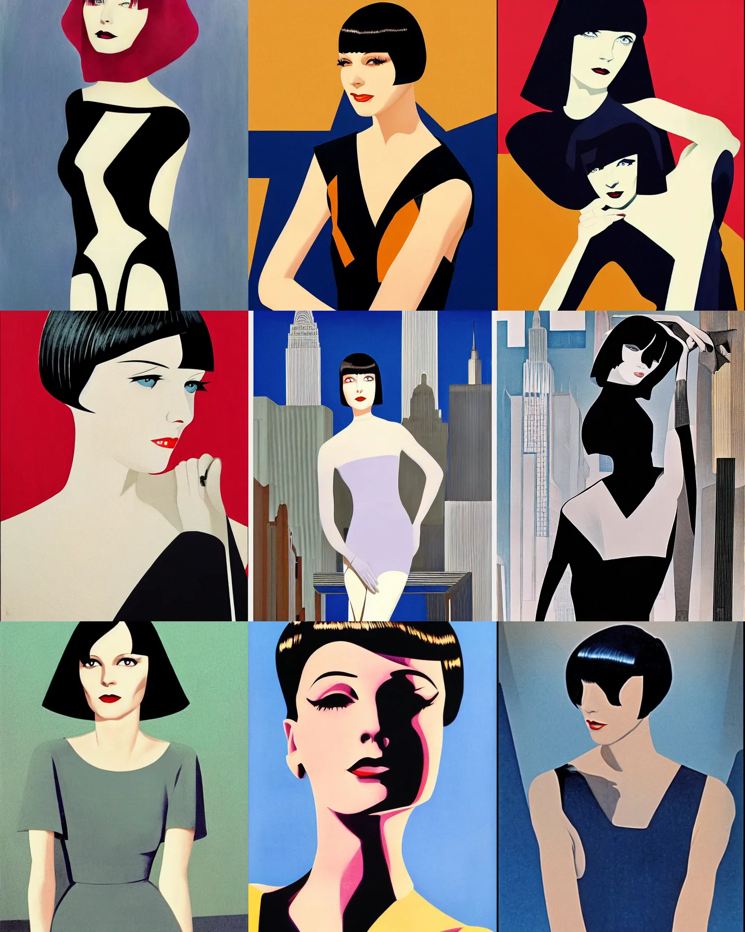 Prompt: full length portrait of mary louise brooks, shiny bob haircut, dramatic light, art deco buildings, city background, high contrast, sharp, painted by stanley lau,, painted by stanley artgerm,, painted by patrick nagel