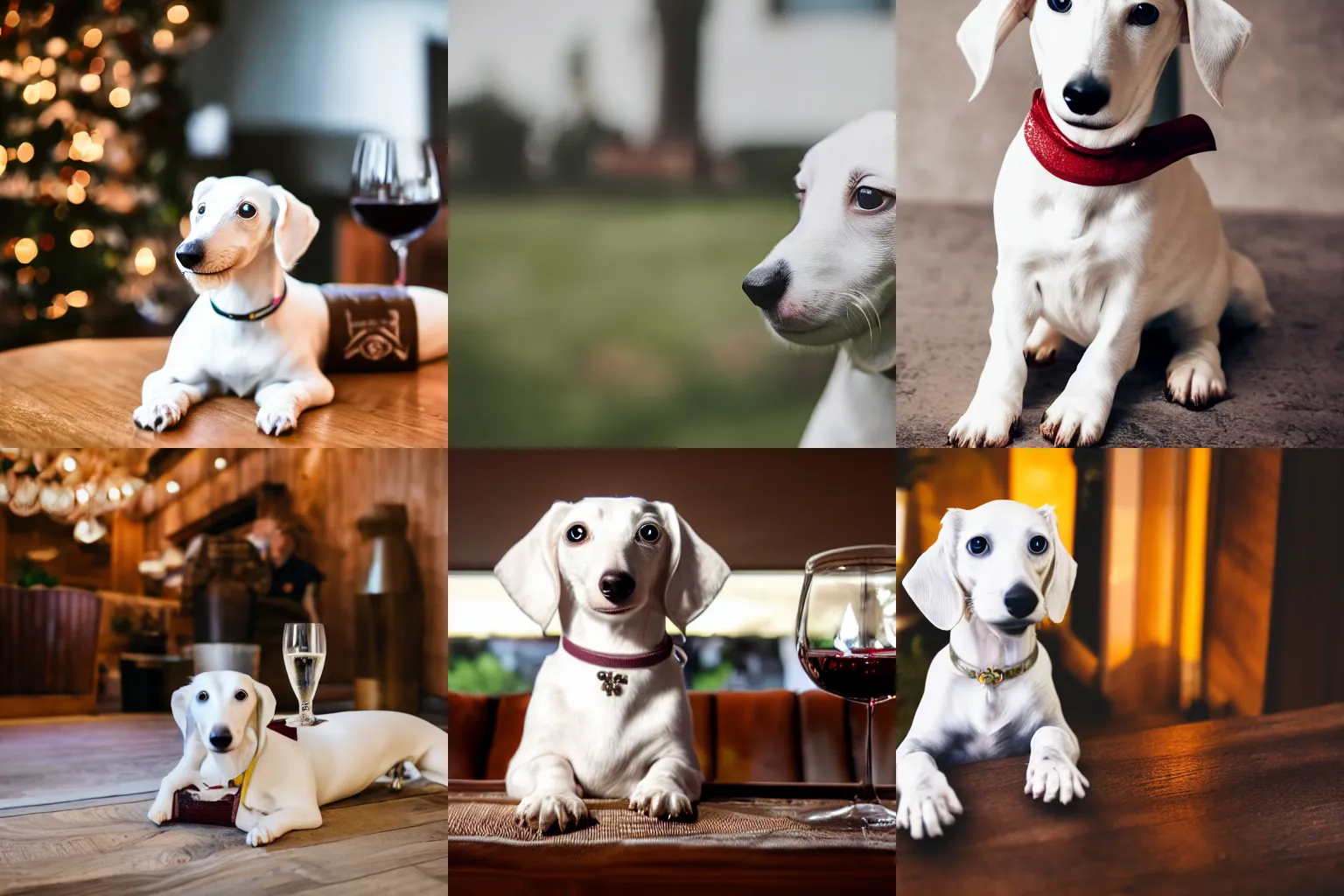 Prompt: white dachshund sitting next to a glass of wine, 4k photography