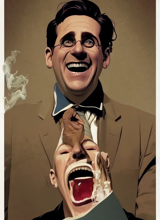 Image similar to poster artwork by Michael Whelan and Tomer Hanuka, Karol Bak of Michael Scott laughing, from scene from The Office, clean, simple illustration, nostalgic, domestic, full of details