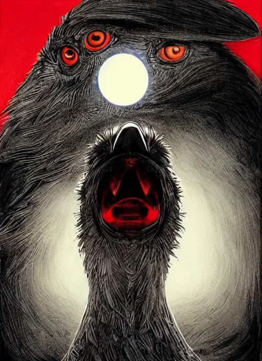 Image similar to portrait, A crow in front of the full big moon, book cover, red white and black colors, establishing shot, extremly high detail, foto realistic, cinematic lighting, pen and ink, intricate line drawings, by Yoshitaka Amano, Ruan Jia, Kentaro Miura, Artgerm, post processed, concept art, artstation, matte painting, style by eddie mendoza, raphael lacoste, alex ross