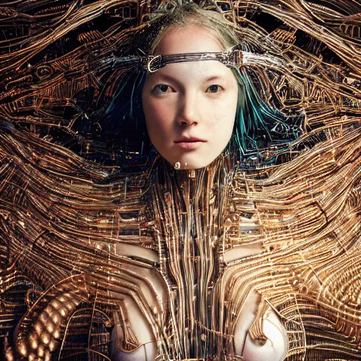 Prompt: tapping in to something greater, piles of modular synth cables, goddess swimming up wearing a headpiece made of circuit boards, by cameron gray, wlop, stanley kubrick, masamune, hideki anno, unique perspective, trending on artstation, 3 d render, vivid